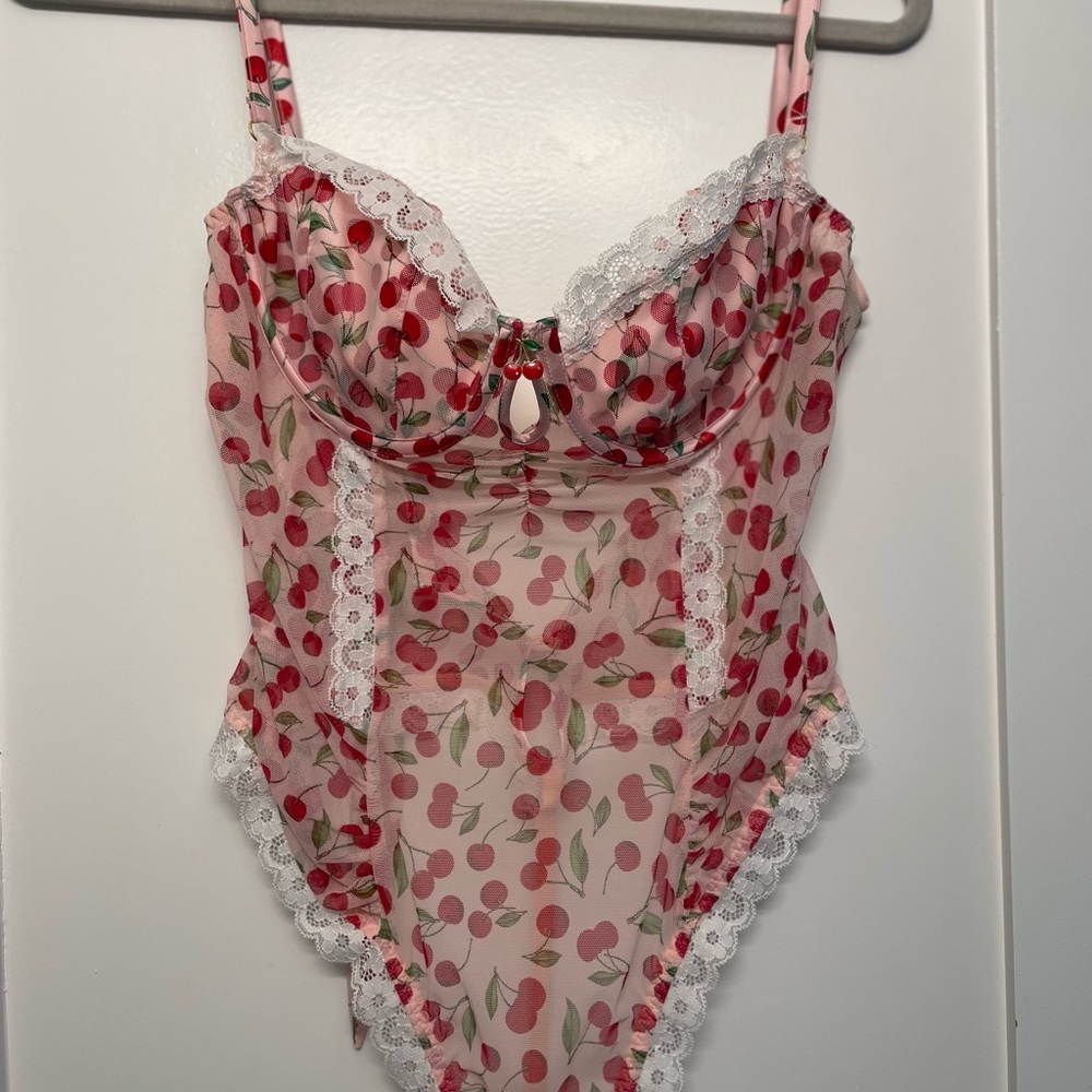 For Love And Lemons Pink Cherry Print Lace Trim Bodysuit